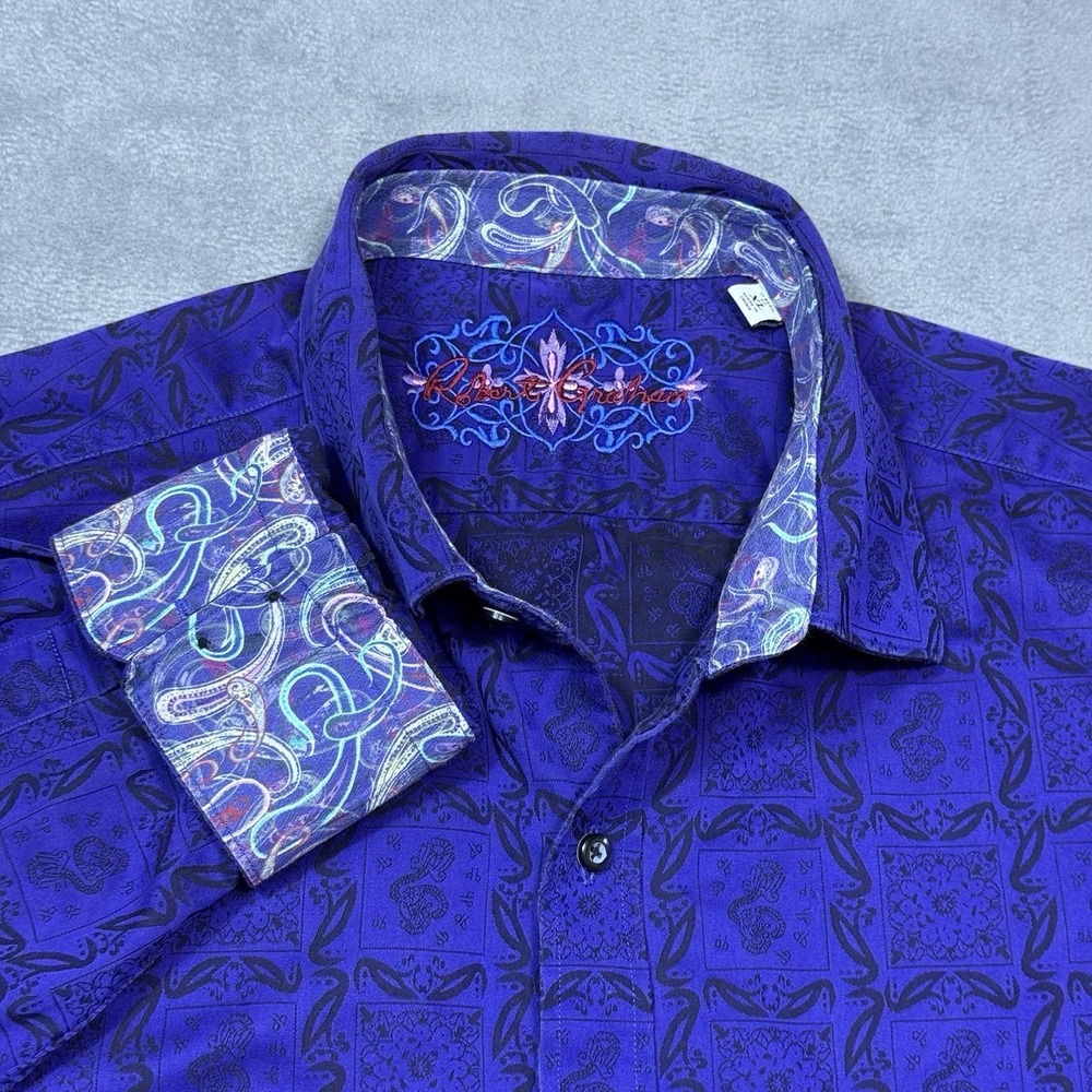 Robert Graham Shirt Mens XL Classic Fit Geometric Violet Contrast Cuffs Designer